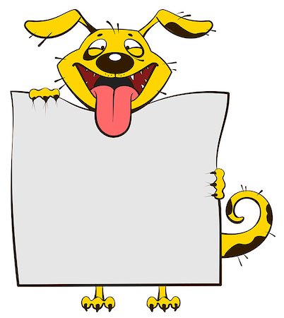 simsearch:400-09065162,k - Smiling yellow dog holding blank white sheet of paper banner. Fun dog stick out tongue. Isolated on white vector cartoon illustration Stock Photo - Budget Royalty-Free & Subscription, Code: 400-09069489