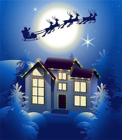 simsearch:400-05732786,k - Santa Claus in sleigh reindeer silhouette in background of full moon in night sky. Christmas house illumination in winter forest. Vector illustration greeting card Stock Photo - Budget Royalty-Free & Subscription, Code: 400-09069511