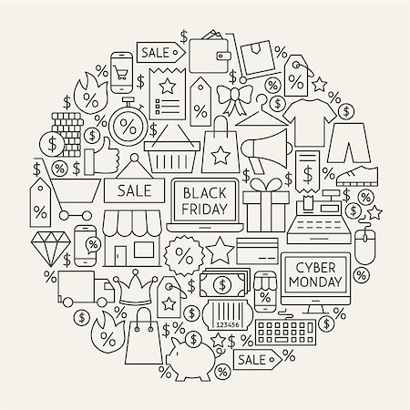 simsearch:400-04215457,k - Black Friday Line Icons Circle. Vector Illustration of Cyber Monday Sale Outline Objects. Foto de stock - Super Valor sin royalties y Suscripción, Código: 400-09069692