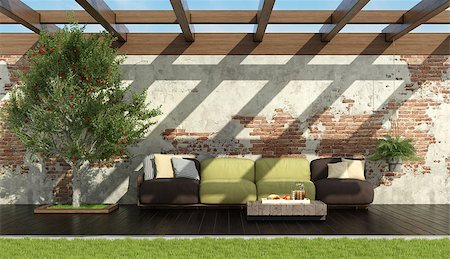 simsearch:400-08554639,k - Garden with brown and green red pallet sofa on dark wooden floor,apple tree and old wall - 3d rendering Stock Photo - Budget Royalty-Free & Subscription, Code: 400-09069712