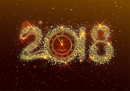 2018 new year number golden confetti on dark background. Clock face dial with Roman numerals show midnight New Year Eve. Vector illustration Stock Photo - Budget Royalty-Free & Subscription, Code: 400-09069857