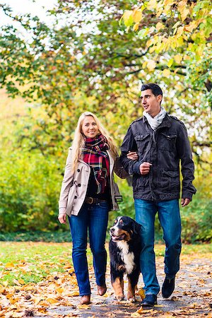 simsearch:400-09136205,k - Woman and man with dog having autumn walk on a path covered with foliage Stockbilder - Microstock & Abonnement, Bildnummer: 400-09062620