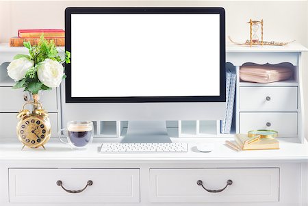 desktop work desk background - Styled work desk with computer, copy space on screen Stock Photo - Budget Royalty-Free & Subscription, Code: 400-09062654