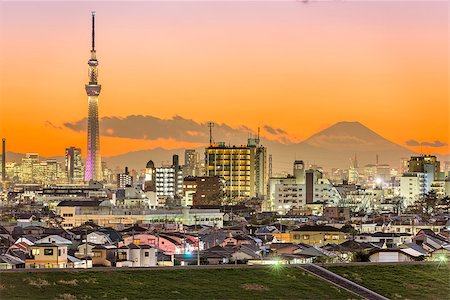 simsearch:400-08114963,k - Tokyo, Japan skyline with Mt. Fuji and tower. Stockbilder - Microstock & Abonnement, Bildnummer: 400-09062802