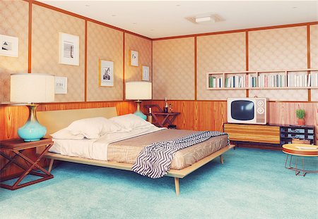 beautiful vintage bedroom  interior. wooden walls concept. 3d rendering Stock Photo - Budget Royalty-Free & Subscription, Code: 400-09062931