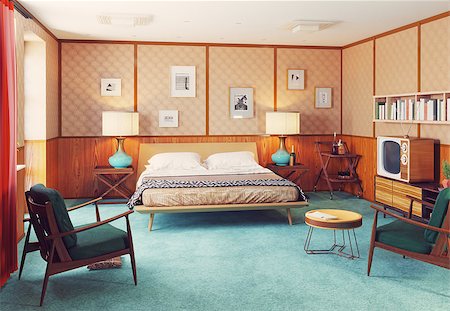 beautiful vintage bedroom  interior. wooden walls concept. 3d rendering Stock Photo - Budget Royalty-Free & Subscription, Code: 400-09062932