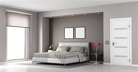 simsearch:400-07796866,k - Minimalist master bedroom with double bed,closed door and window - 3d rendering Stock Photo - Budget Royalty-Free & Subscription, Code: 400-09063099
