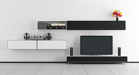 elegant tv room - Black and white room with tv unit and home cinema system - 3d rendering Stock Photo - Budget Royalty-Free & Subscription, Code: 400-09063104