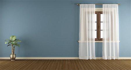 simsearch:400-06797947,k - Blue room with wooden windows and white curtain - 3d rendering Stock Photo - Budget Royalty-Free & Subscription, Code: 400-09063101