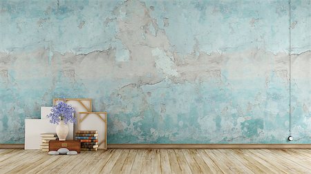 simsearch:400-06086270,k - Empty blue grunge room with old objects on wooden floor - 3d rendering Stock Photo - Budget Royalty-Free & Subscription, Code: 400-09063103