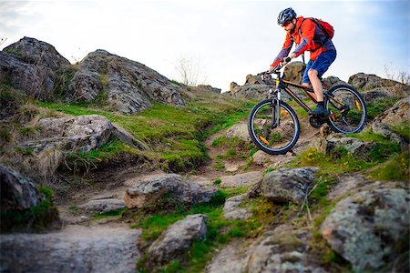 simsearch:400-09084281,k - Cyclist Riding the Mountain Bike on the Beautiful Spring Rocky Trail. Extreme Sport Concept Fotografie stock - Microstock e Abbonamento, Codice: 400-09063272