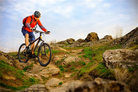 simsearch:400-09084281,k - Cyclist Riding the Mountain Bike on the Beautiful Spring Rocky Trail. Extreme Sport Concept Fotografie stock - Microstock e Abbonamento, Codice: 400-09063273