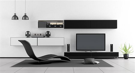 elegant tv room - Black and white living room with chaise lounge and home cinema system - 3d rendering Foto de stock - Super Valor sin royalties y Suscripción, Código: 400-09063334