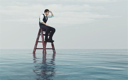 simsearch:400-08288188,k - Young  man sits on a ladder into the ocean and look at the horizon. This is a 3d render illustration Photographie de stock - Aubaine LD & Abonnement, Code: 400-09063331