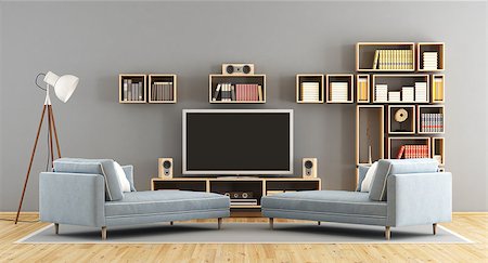 flat tv on wall - Blue living room with television set ,bookcase and two chaise lounge - 3d rendering Stock Photo - Budget Royalty-Free & Subscription, Code: 400-09063333