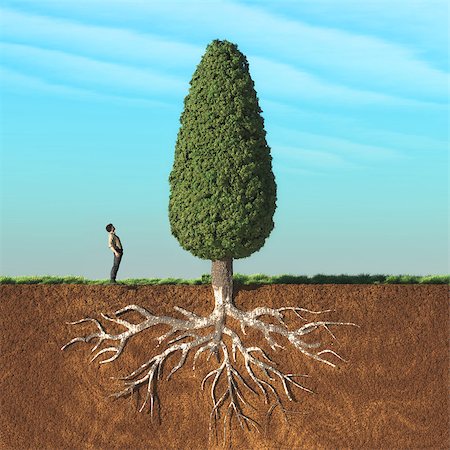 A man look up a big tree in two layers , with roots underground. This is a 3d render illustration Stock Photo - Budget Royalty-Free & Subscription, Code: 400-09063520