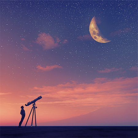 Man looks through a telescope at the moon. This is a 3d render illustration Foto de stock - Super Valor sin royalties y Suscripción, Código: 400-09063734