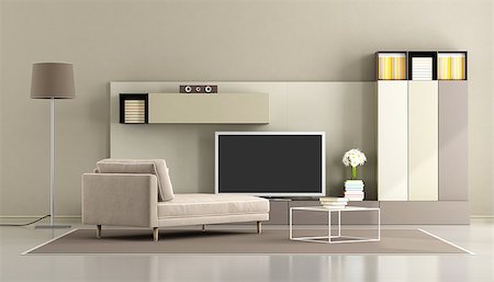 elegant tv room - Modern living room with chaise lounge and tv unit - 3d rendering Foto de stock - Super Valor sin royalties y Suscripción, Código: 400-09063743