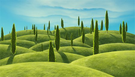 Green cypress trees on the hills. This is a 3d render illustration Stock Photo - Budget Royalty-Free & Subscription, Code: 400-09063775