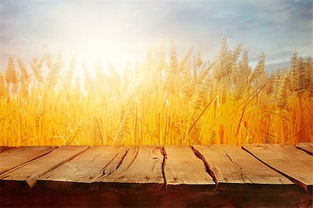 simsearch:400-06918933,k - Wheat field with wood planks. Empty tabletop. Table with wheat.Beautiful Nature Sunset Landscape. Rural Scenery with golden wheat. Agriculture background with Harvest Foto de stock - Super Valor sin royalties y Suscripción, Código: 400-09079885