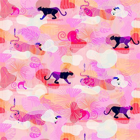 Pink eclectic rainforest wild animals and plants camo seamless pattern. Panther and monkey in the jungles. Photographie de stock - Aubaine LD & Abonnement, Code: 400-09079994