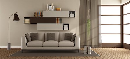 simsearch:400-08797073,k - Beige and brown modern living room with sofa on carpet - 3d rendering Photographie de stock - Aubaine LD & Abonnement, Code: 400-09070042