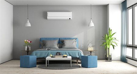 room with air conditioner - Gray and blue modern master bedroom with furniture and air conditioner - 3d rendering Stock Photo - Budget Royalty-Free & Subscription, Code: 400-09070226