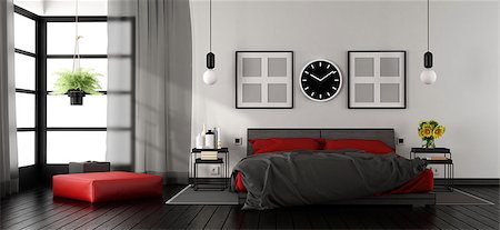 simsearch:400-07796866,k - Modern master bedroom with red and black double bed,nightstand and footstool - 3d rendering Stock Photo - Budget Royalty-Free & Subscription, Code: 400-09070228