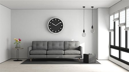Minimalist living room with white wall and gray sofa - 3d rendering Stock Photo - Budget Royalty-Free & Subscription, Code: 400-09070234