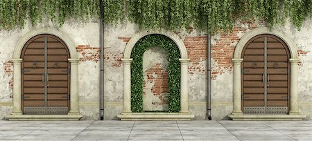 simsearch:400-04691130,k - Old facade with wooden doorways and niche with hedges - 3d rendering Foto de stock - Royalty-Free Super Valor e Assinatura, Número: 400-09070231