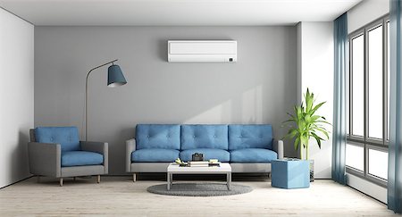 room with air conditioner - Blue and gray modern living room with sofa,armchair and air conditioner - 3d rendering Stock Photo - Budget Royalty-Free & Subscription, Code: 400-09070232
