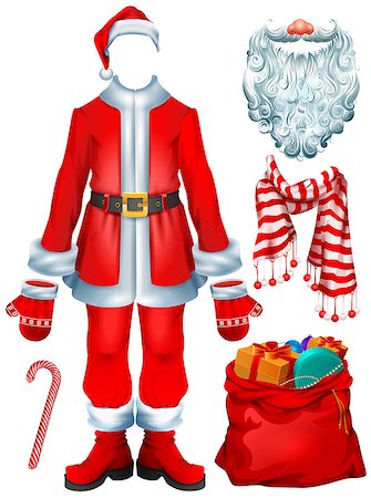 simsearch:400-07332398,k - Santa Claus costume dress and Christmas accessories hat, mittens, beard, boots, bag with gifts, striped candy cane, scarf. Isolated on white vector cartoon illustration Photographie de stock - Aubaine LD & Abonnement, Code: 400-09070321