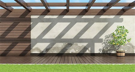 simsearch:400-08554639,k - Home garden with old wall, wooden paneling and pergola - 3d rendering Stock Photo - Budget Royalty-Free & Subscription, Code: 400-09070525