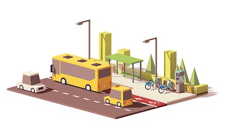 Vector low poly modern urban public transport. Includes bus with bus station, taxi, personal car, bicycle sharing system Foto de stock - Super Valor sin royalties y Suscripción, Código: 400-09070613