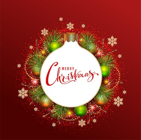 Merry Christmas greeting card wreath of fir branches on red background. Holiday vector illustration Stock Photo - Budget Royalty-Free & Subscription, Code: 400-09070649