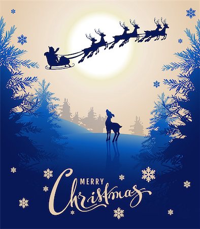 santa claus sleigh flying - Merry Christmas card design text. Young deer looks up at silhouette Santa sleigh of reindeer in night sky. Winter fairy forest. Vector illustration template Stock Photo - Budget Royalty-Free & Subscription, Code: 400-09070650