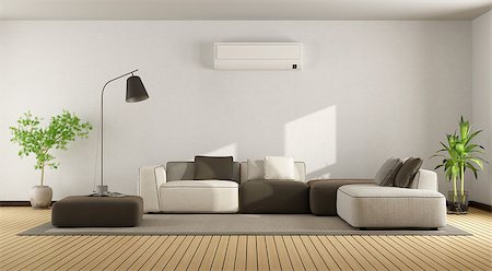 room with air conditioner - Minimalist living room with sofa and air conditioner - 3d rendering Stock Photo - Budget Royalty-Free & Subscription, Code: 400-09070778