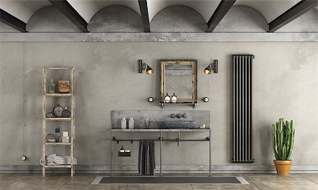 Bathroom in industrial style with stone washbasin - 3d rendering Foto de stock - Super Valor sin royalties y Suscripción, Código: 400-09070773