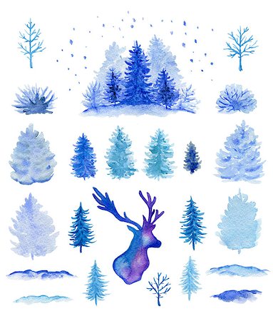 paintings on forest animals - Set of blue hand drawn watercolor Christmas design elements on a white background. Stock Photo - Budget Royalty-Free & Subscription, Code: 400-09084133