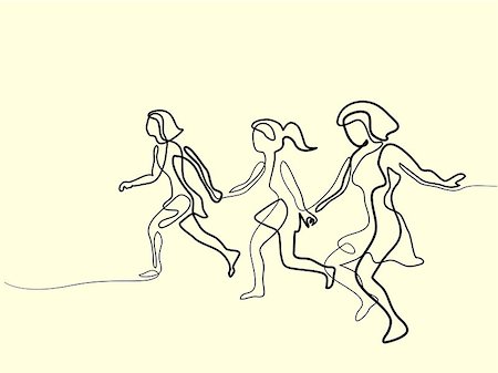 Running girls have joy in summer time. Continuous line drawing. Vector illustration on white background Stock Photo - Budget Royalty-Free & Subscription, Code: 400-09084193