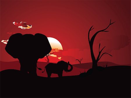 simsearch:400-04815686,k - Colorful sunset scene, african landscape with silhouette of trees and elephant. Foto de stock - Super Valor sin royalties y Suscripción, Código: 400-09084310