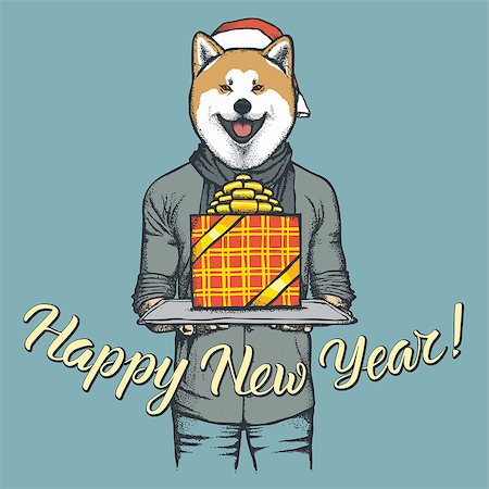Akita dog vector Christmas concept. Illustration of dog in human suit celebrating new year Stock Photo - Budget Royalty-Free & Subscription, Code: 400-09084404