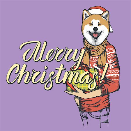 fashion dog cartoon - Akita dog vector Christmas concept. Illustration of dog  in human sweatshirt with gift in his hads celebrating new year Stock Photo - Budget Royalty-Free & Subscription, Code: 400-09084403