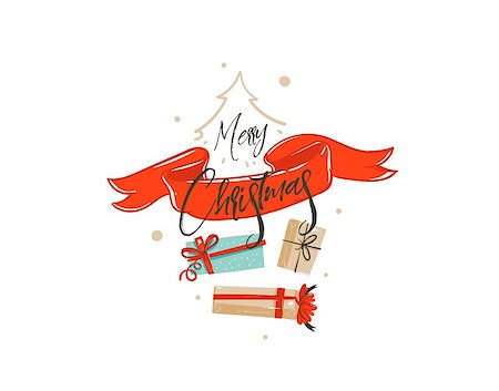 Hand drawn vector Merry Christmas shopping time cartoon graphic greeting illustration card design with many surprise gift boxes,red ribbon and handwritten calligraphy isolated on white background. Stock Photo - Budget Royalty-Free & Subscription, Code: 400-09084436