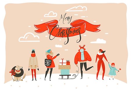 simsearch:400-05693542,k - Hand drawn vector abstract fun Merry Christmas time cartoon illustration greeting card with group of people in winter clothing,surprise gift boxes and xmas calligraphy isolated on craft background. Photographie de stock - Aubaine LD & Abonnement, Code: 400-09084437