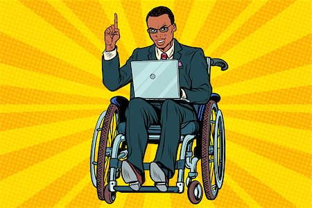 African businessman in wheelchair with laptop. Pop art retro vector illustration Stock Photo - Budget Royalty-Free & Subscription, Code: 400-09084484