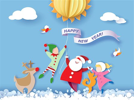 Color paper cut design and craft winter landscape with reindeer, Santa Claus, dog, boy and girl and digit 2018. Holiday New year and Merry Christmas card. Vector illustration Stock Photo - Budget Royalty-Free & Subscription, Code: 400-09084507