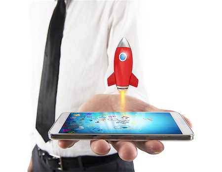 simsearch:400-09112433,k - Small rocket starts from the cell phone of a businessman. 3D Rendering Stockbilder - Microstock & Abonnement, Bildnummer: 400-09084604