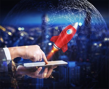 simsearch:400-09112433,k - Businessman launches rocket from the mobile phone. 3D Rendering Stockbilder - Microstock & Abonnement, Bildnummer: 400-09084603