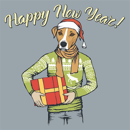 fashion dog cartoon - Russell Terrier Dog vector Christmas concept. Illustration of dog  in human sweatshirt with gift in his hads celebrating new year Stock Photo - Budget Royalty-Free & Subscription, Code: 400-09084625